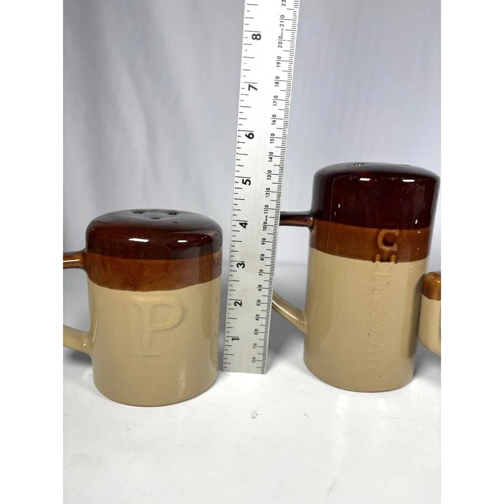 Vintage Ceramic Salt Pepper Cheese Shaker Set Brown Tan Drip Glaze Japan